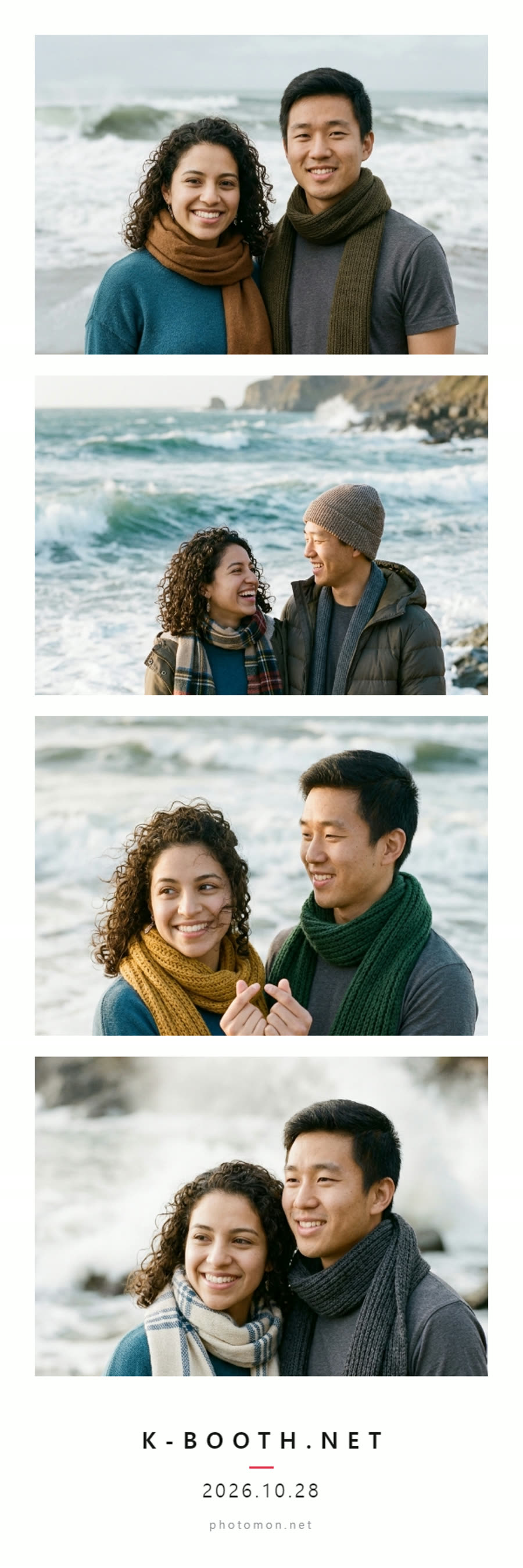 two friends wrapped in warm scarves smile together while looking out toward the crashing waves of the