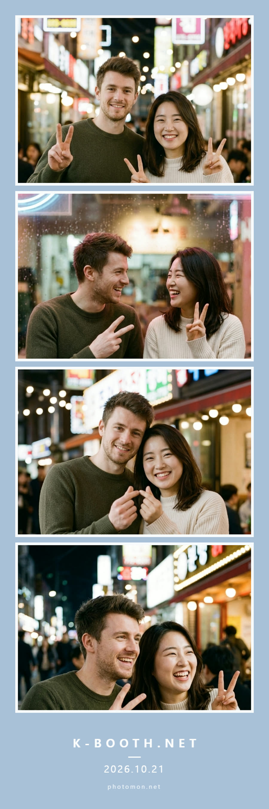 two smiling friends making playful peace signs under glowing neon cafe lights in Seoul.