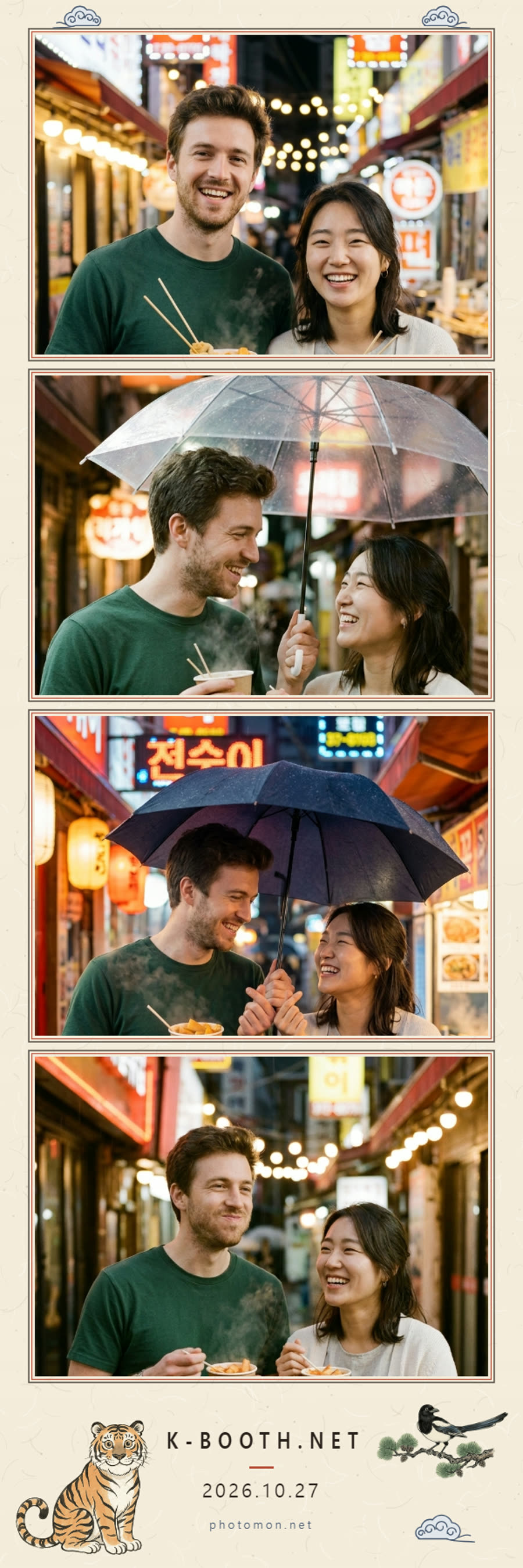two friends laughing with puffed cheeks while holding paper cups of steaming street food under warm neon alley lights.