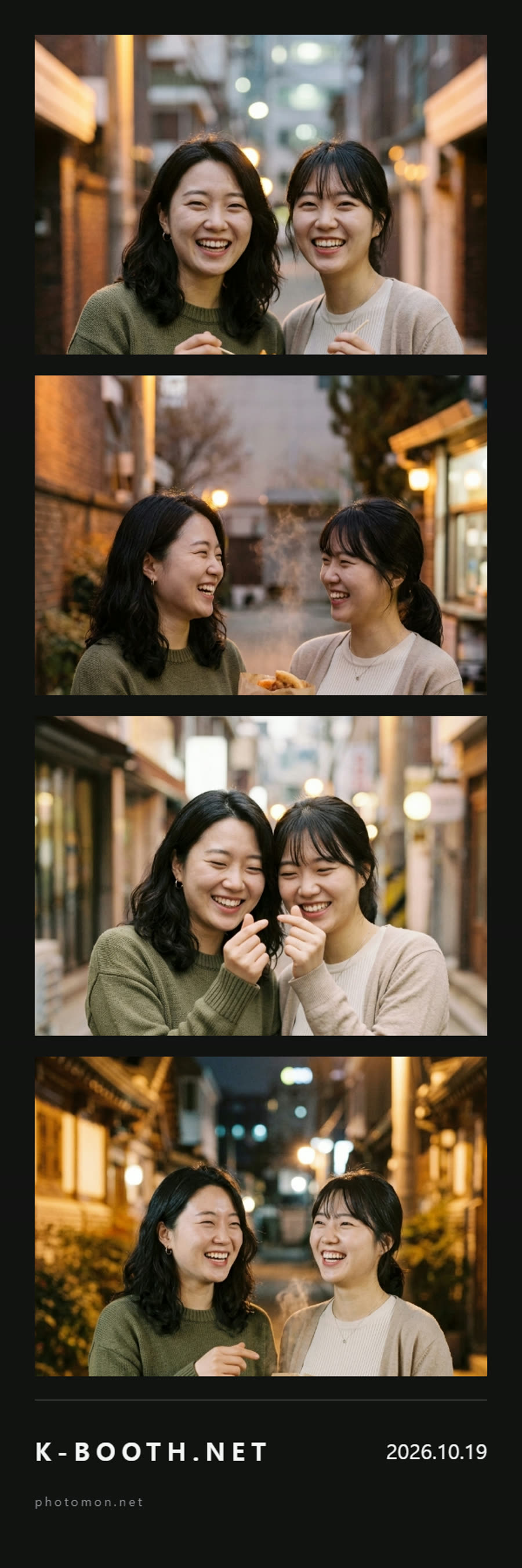 two lifelong friends laughing under warm streetlights while sharing a bag of warm street snacks on a quiet evening.