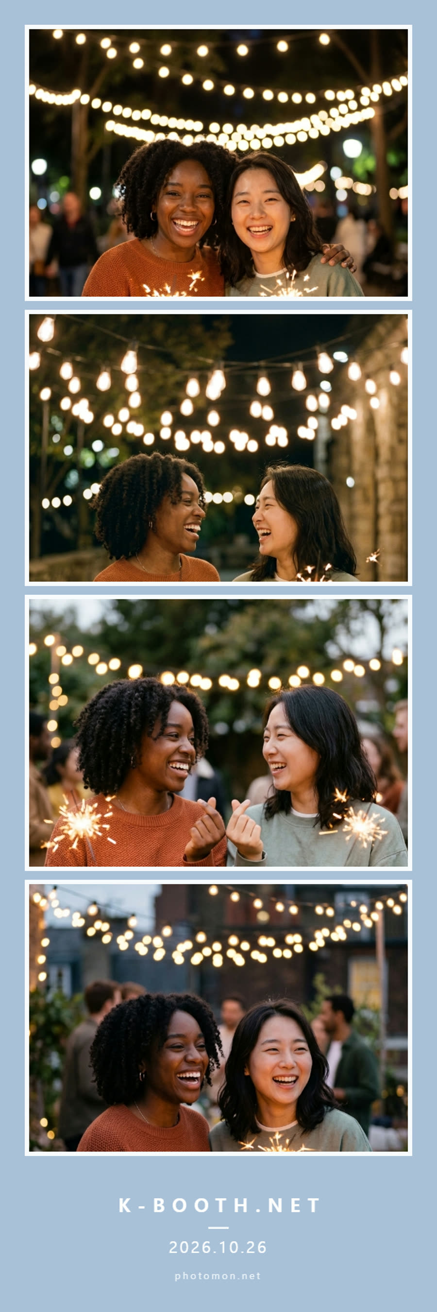 two friends laughing together under glowing string lights with warm sparklers