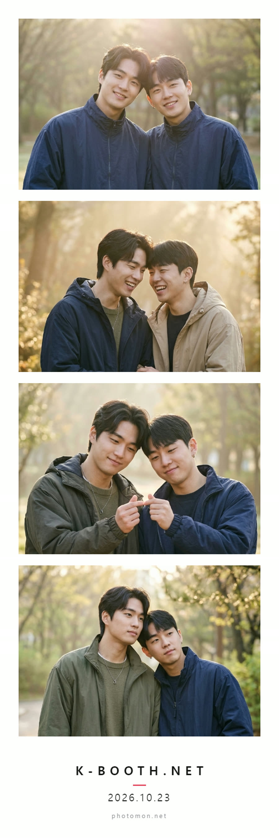 two friends wrapped in oversized windbreakers leaning their heads together under a soft morning glow