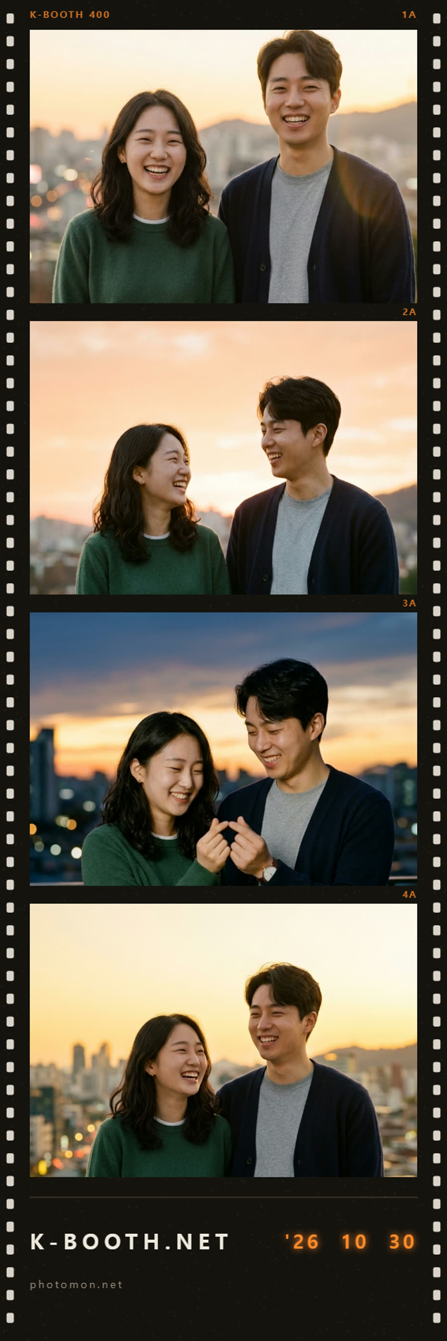 two friends posing shoulder to shoulder and laughing beneath a warm golden twilight sky.