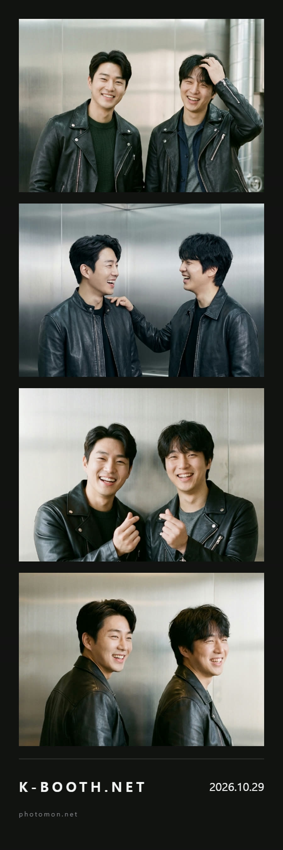 two friends wearing leather jackets laughing and striking runway poses against a sleek metallic backdrop