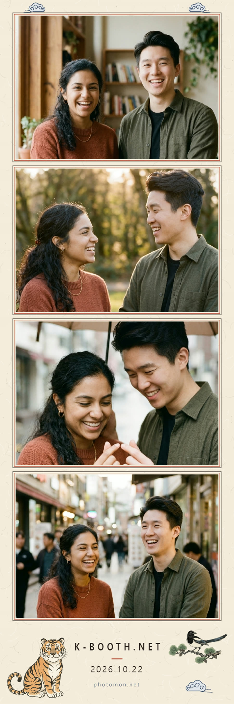 two smiling friends laughing as they playfully stack their hands one on top of the other.