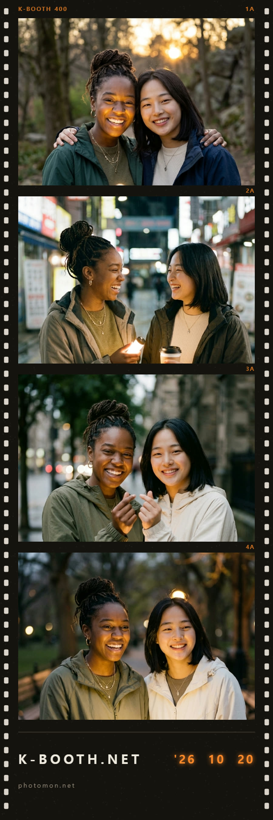 two friends bundled up in windbreakers grinning at the camera, one holding a glowing pocket flashlight.